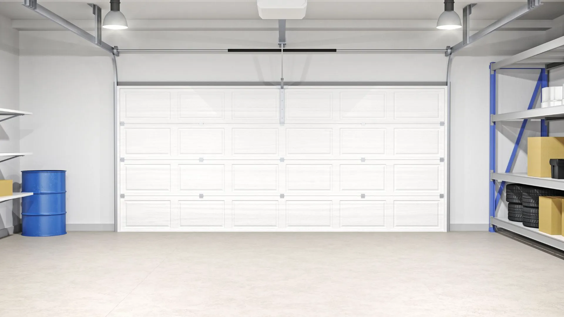 Bright garage with a white sectional door